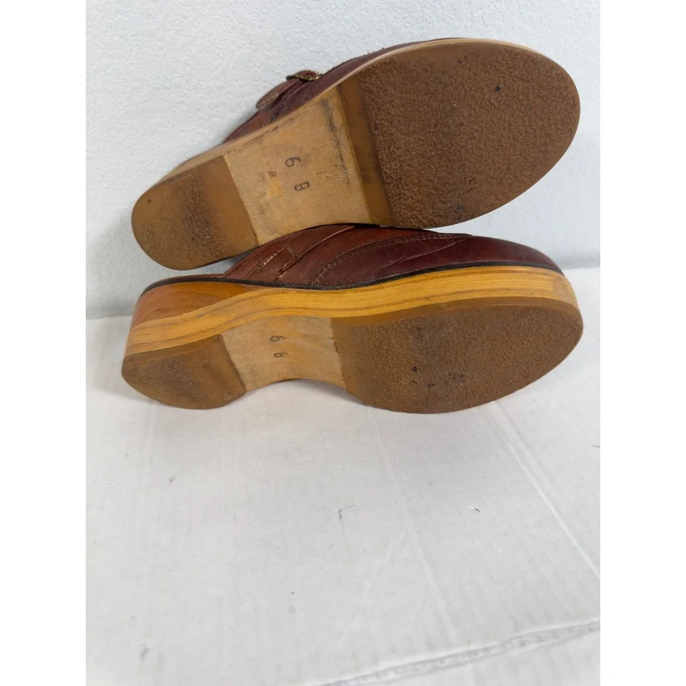 Frye Leather Wooden Platform Clogs Women 6 B Cognac Brown Wingtip Mules Retro - Picture 9 of 9